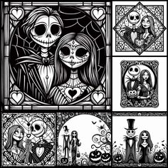 a black and white image of skeletons in stained glass windows with halloween characters around them