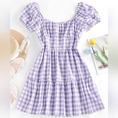 Womens Casual Mini Dress With Plaid Pattern,Crewneck ,Short Sleeve, Cute Puff Sleeve,Back Zip Up,Flowy Style,Fashion Above Knee Length Summer Short Dress. Adorable Style, Christmas Dress Women, Tiered Mini Dress, Bodycon Dresses Casual, Surplice Dress, Summer Romance, Short Summer Dresses, Gingham Pattern, Gingham Dress