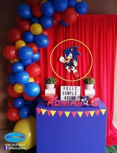 a sonic birthday party with balloons and decorations