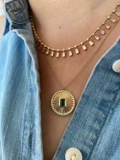 Katkov Necklace – Kasia J. Elegant Green Round Chain Necklace, Detachable Round Pendant Chain Necklace, Modern Necklace With Box Chain, Baguette Diamonds, Round Necklace, Jewelry Lookbook, Lovely Necklace, Baguette Diamond, Round Pendant