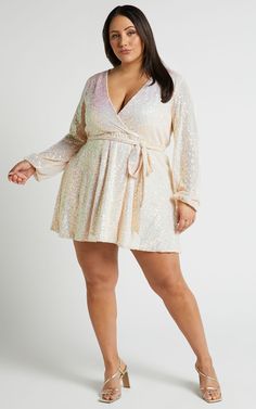 Three Of Us Mini Dress - Long Sleeve Wrap Dress in White Sequin Plus Size Engagement Dress, Fun White Dress, Holiday Cocktail Dress, Reception Dress Short, All White Party Outfits, White Christmas Party, Plus Size Sequin Dresses, White Party Outfit, Bridal Shower Outfit