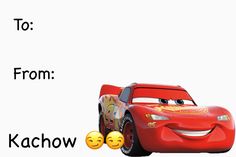 a red car with two yellow faces and the words to from kachow on it