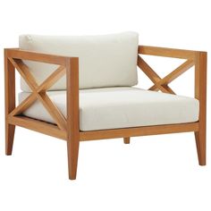 a wooden chair with white cushions on it