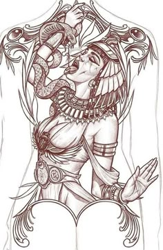 a drawing of a woman holding a snake in her arms and wearing an elaborate headdress