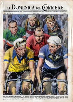 an old magazine cover with men on bicycles in front of them and the words la domeica del corrire