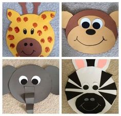 four pictures of different animal masks made from construction paper and cut out to look like they are smiling