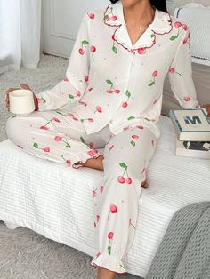 White Cute-Funny Collar   Fruit&Vegetable Pant Sets Embellished Non-Stretch Spring/Fall Women Sleep & Lounge Funny Fruit, Cute Pajama Sets, White Set, Pants White, Cherry Print