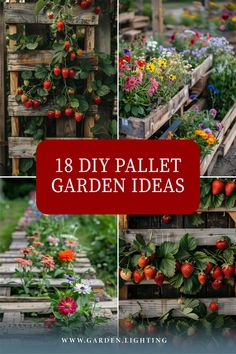 a close up of a collage of pictures of a garden with strawberries Garden Ideas Diy, Pallet Projects Garden, Pallet Ideas Easy