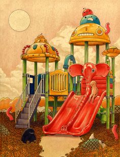 an illustration of a child's play area with slide and playground equipment