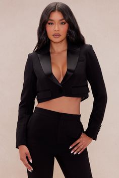 Available In Black. Cropped Blazer Satin Collar Long Sleeve Flare Pants Front Closure Lined Slight Stretch Main: 76% Polyester 18% Rayon 6% Spandex Lining:100% Polyester Imported | Daisy Cropped Blazer Suit Set in Black size XL by Fashion Nova Cropped Blazer Suit, Blazer Set, Cropped Blazer, Suit Set, Flare Pants, Blazer Suit, Black Fashion, Fashion Nova, Daisy