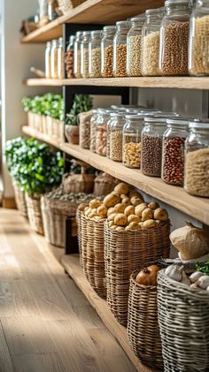 the shelves are filled with many different types of food and vegetables in glass jars on wooden shelves