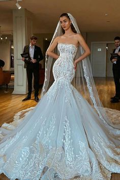 Mermaid Strapless Chapel Train Tulle Lace Applique Backless Wedding Dress-Ballbella Strapless Wedding Dress Mermaid, Mermaid Wedding Dresses, Backless Wedding, Wedding Dresses Strapless, Lace Mermaid, A Wedding Dress, Luxury Wedding Dress, Straight Neckline, Lace Mermaid Wedding Dress