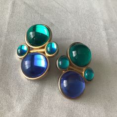 These Are Bold Xya Mid- Century, Clip On Earrings. Blue An Turquoise In Good Condition. Blue Cabochon Earrings For Formal Occasions, Mid-century Clip-on Earrings For Party, Gold Mid-century Clip-on Earrings For Party, Blue Retro Clip-on Jewelry, Mid-century Blue Brooches For Gifts, Elegant Blue Cabochon Clip-on Earrings, Mid Century Earrings, Vintage Blue Clip-on Earrings, Earrings Blue