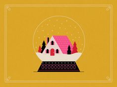 a snow globe with a house in the middle and trees around it on a yellow background