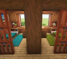 the inside of a minecraft house with lots of windows and doors that are open