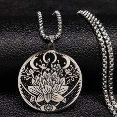 Lotus Moon, Pendants For Men, Witchy Clothing, Lotus Flower Necklace, Necklace Chain Types, Hamsa Necklace, Stainless Steel Chain Necklace, Modern Witch, Party Necklace