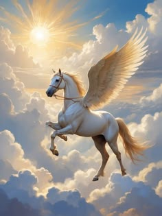 a painting of a white horse with wings flying through the air in front of clouds