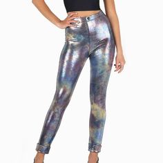 Black Milk Pants That Are Stunning, Shimmers And Sparkles With A Million Different Colors In The Light, Like A Slick Of Oil Catching The Light Of A Streetlamp On The Road. It Looks Particularly Amazing In These Leggings, Which Slay With A False-Fly-And-Button Front, Flattering Side Seams And Hem May Be Cuffed. Measures Approx. Waist: 12.5"; Hip: 13 3/8"; Length: 38.5"; Rise: 11.5". Size Small. Excellent Condition, Appears Unworn. 85% Nylon / 15% Elastane Care Instructions: Hand Wash Only, Do No Trendy Metallic Leggings For Fall, Trendy Metallic Leggings For Night Out, Slim Fit Pants For Night Out In Fall, Fitted Metallic Leggings For Fall, Tight Pants For Summer Parties, Tight Summer Party Pants, Metallic Stretch Pants For Summer, High Waist Metallic Pants For Summer, Trendy High Rise Metallic Bottoms