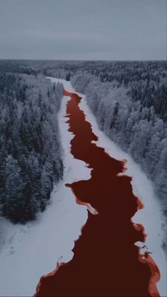 an aerial view of a red river in the middle of snow covered ground with trees