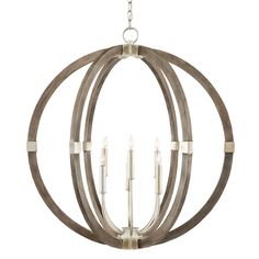 a circular chandelier with candles hanging from the bottom and two lights on each side