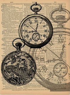 an old book page with two pocket watches on it