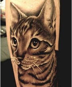 a black and grey cat tattoo on the right leg, with blue eyes looking straight ahead