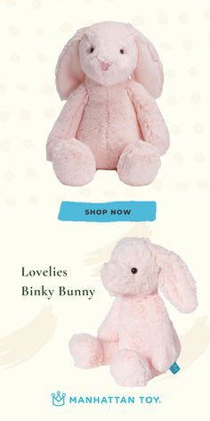 two pink stuffed animals sitting next to each other in front of a white background with the words loveless bunny and manhattan toy