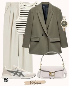 Blazer Outfit with Wide Pants, Striped Tank, Comfy Trainers, Coach Bag, and Timeless Watch🥰  Follow my shop @InspoByVictoria on the @shop.LTK app to shop this post and get my exclusive app-only content! Beige Striped Blazer Outfit, Green Office Outfit, Green Pants Outfit Winter, Kakis Pants Outfit, Green And Beige Outfit, Beige Wide Leg Pants Outfit, Striped Blazer Outfit