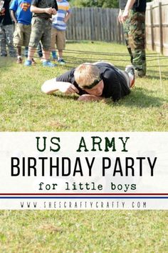 a young boy laying on the ground in front of an army birthday party with text overlay that reads, u s army birthday party for little boys