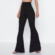 Black High Rise Fit Flare Stretchy Pants | 6 X Nasty Gal Brand New Without Tags. Features A Lightweight Stretchy Material, High Waist, And Flare Leg. Versatile Enough For Dressing Up On A Night Out Or Doing Yoga! Size 6 Waist Measures 12” Rise Is 11” Inseam 31” Ankle Opening 12” Black Non-stretch Wide Leg Pants For Night Out, High Waist Wide Leg Pants For Date Night, Non-stretch Black Wide Leg Pants For Night Out, Summer High Rise Stretch Wide Leg Pants, Chic Black Full-length Bottoms, Trendy Black Flare Pants, Trendy Fitted Black Wide Leg Pants, Black Summer Party Pants, High-waist Bottoms For Date Night