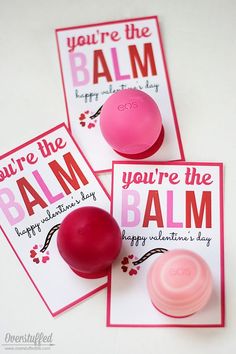 two greeting cards with pink and red buttons on them that say you're the balm