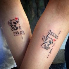 two people with matching tattoos on their legs that say i love you and ohana