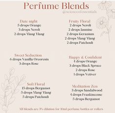 Essential Oil Blends For Perfume, Essential Oil Perfume Recipes, Natural Perfume Recipes, Essential Oil Fragrance Blends, Perfume Blends