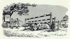 an old drawing of a cow laying on the ground in front of a fence with people standing around it