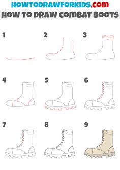 how to draw combat boots step by step instructions for kids and beginners in this video, you can learn how to draw combat boots