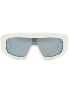 white shield frame tinted lenses silver-tone logo plaque oversize arms curved tips These glasses come with a protective case.