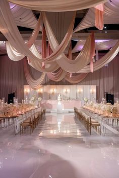 Reception with blush drapes and mirrored flooring for a modern luxury wedding. Modern Luxury Wedding, Luxury Wedding Decor, Pink Wedding, Modern Luxury, Luxury Wedding