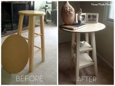 before and after photos of a table with stools in the living room, then painted white