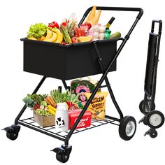 a black cart filled with lots of different types of fruits and vegetables next to a can of soda