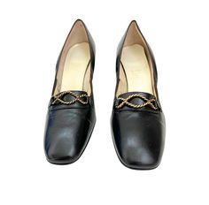 Please click "Learn More About Item" in description to read it in its entirety before purchasing. Great pair of vintage heeled loafers by Naturalizer circa 1960s or 70s. Black vinyl/manmade leather upper. Gold tone metal braid above toes. Manmade sole and insole.  Shoes are in excellent vintage condition with no wear -- pretty sure they're deadstock/new old stock. They came from an estate where everything sat in boarded up house for about 40 years. Although I cleaned the shoes, a slightly musty Vintage Block Heel Work Heels, Vintage Block Heel Heels For Work, Vintage Pointed Toe Loafers For Workwear, Vintage Block Heel Court Shoes For Formal Occasions, Vintage Court Shoes With Block Heel For Formal Occasions, Vintage Formal Court Shoes With Block Heel, Vintage Almond Toe Loafers For Office, Vintage Square Toe Heels For Formal Occasions, Vintage Medium Width Heels For Work