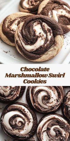 chocolate marshmallow swirl cookies on a white platter with the title above it