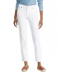 Ralph Lauren - Straight Leg Jeans in White White Straight Fit Jeans For Workwear, Classic White Jeans For Work, White Straight Fit Jeans With Straight Hem, Classic White Straight Fit Jeans, White Straight Fit Jeans, Classic White Straight Jeans, White Fitted Straight Jeans, Classic White Straight Leg Jeans, White Straight Fit Jeans With Five Pockets