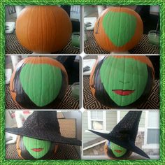 four pictures of pumpkins with faces and witches hats on them, all decorated in green