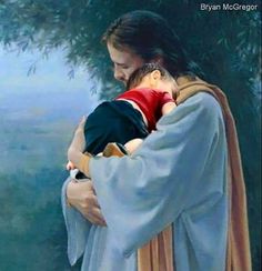 a painting of jesus holding a child in his arms