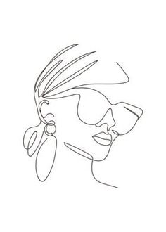 a line drawing of a woman's face with large earrings on her head and long hair