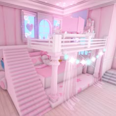 a pink bedroom with stairs leading up to the top floor and a bed in the middle