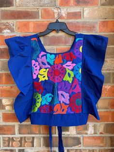 One Size Mexican Embroidered Blouse Made 100% in Mexico Blue Embroidered Sleeveless Blouse, Blue Sleeveless Embroidered Blouse, Blue Folk Top With Geometric Embroidery, Blue Embroidered Folk Top, Blue Tops With Machine Embroidery For Summer, Blue Short Sleeve Top With Geometric Embroidery, Womens Blouses, Embroidered Blouse, Fort Worth