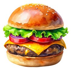 a hamburger with lettuce, tomato and cheese painted in watercolor on white paper