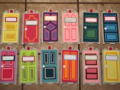 several different colored doors with labels on them