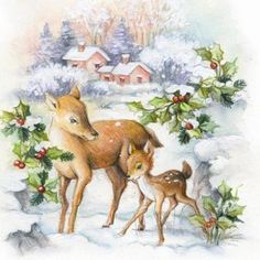 a painting of two fawns in the snow with holly and berries around them